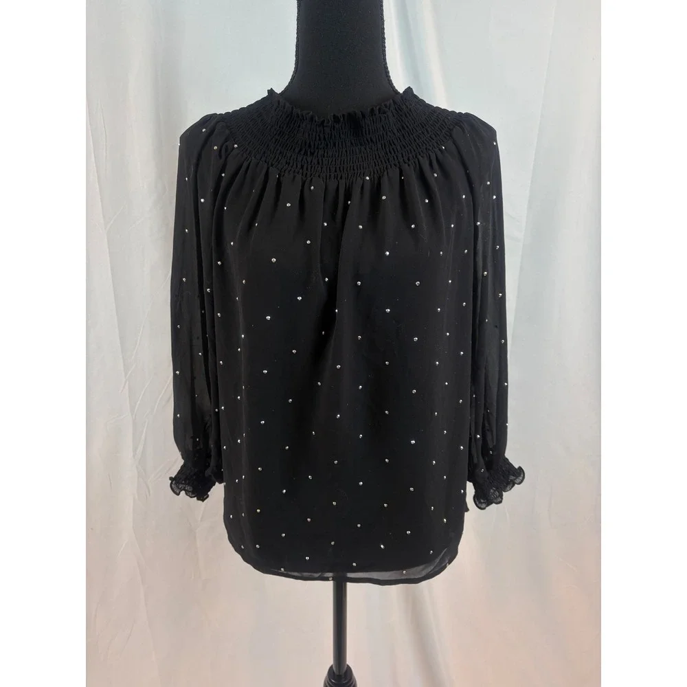 Black Off Shoulder Rhinestone Embellished Smocked Blouse Long Sleeve Size‎ Small